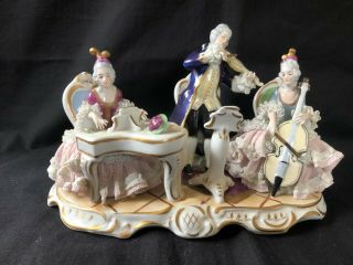 Antique German Dresden Lace Porcelain Figurine Musicians.  Marked Bottom