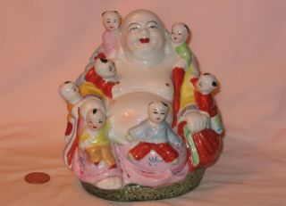 Vintage Chinese Porcelain Happy Laughing Buddha With 7 Children Statue