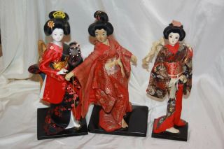 3 Vintage Japanese Cloth Geisha Dolls “13” Inches Tall Wood Bases