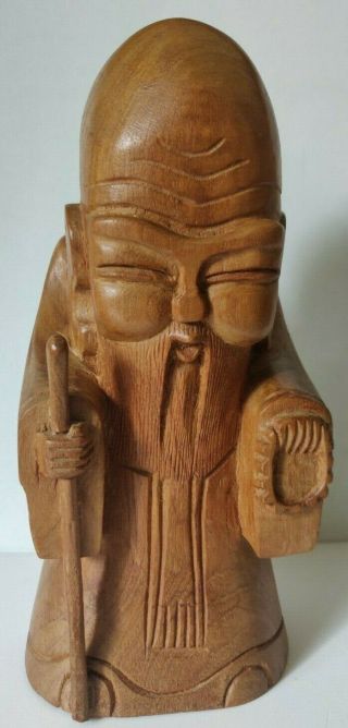 Vintage Wooden Hand Carved Chinese Old Man Figurine Statue 10 " Tall 4.  5 " Wide