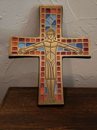 Vintage Terra Sancta Guild Israel Enamel Brass Cross Crucifix Wall Decor