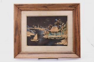 Asian Carved Cork Seascape Chinese Junk Boats Pagoda Diorama Art Vtg Antique