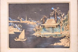 Asian Carved Cork Seascape Chinese Junk Boats Pagoda Diorama Art Vtg Antique 2