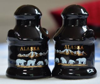 Alaska Milk Can Salt & Pepper Shaker Set Bears Mountains Souvenir 3 " Black Gold