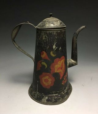 Antique Pennsylvania Dutch Tin Toleware Painted Coffee Pot