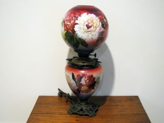 Antique Success Gwtw Hand Painted Oil Lamp - Florals - Peonies