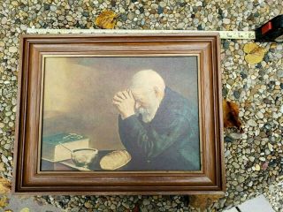 Rare Vintage Grace Picture Old Man Praying At Meal Enstrom Bovey Mn.  Wood Framed
