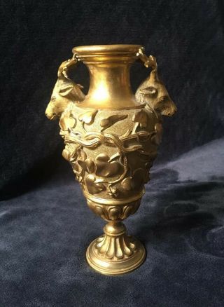 19th Century Antique French Gilt Bronze Stag Head Raised Relief Urn Vase