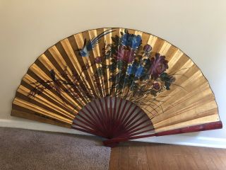 Large Oriental Vintage Hand Painted Chinese Fan Asian Bird Wall Hanging Art 72”
