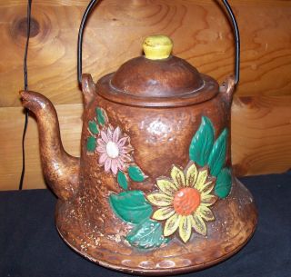 `vtg.  Large Hand Crafted And Painted Flowered Tea Kettle Cookie Jar 11 " Tall