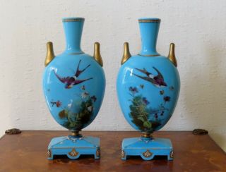Antique Opaline Glass Vases With Enamel Birds & Flowers