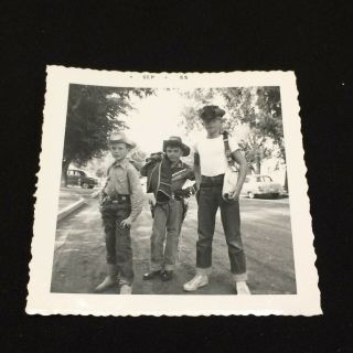 Group Of Boys Playing Cowboy Vtg Snapshot Photo 1950s Costumes,  Toy Guns Fashion