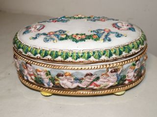 Large Vintage Capodimonte Porcelain Figural Painted Cherub Brass Casket Box Jar