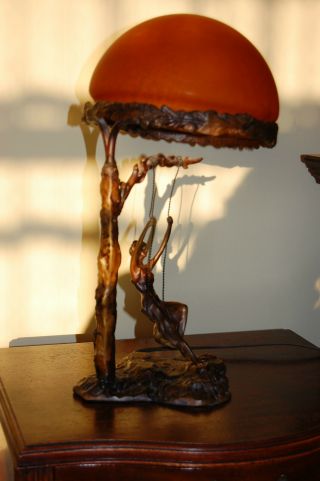 Antique Circa 1910 Bronze Lamp By E.  Schmidt Kestner Orange Spotted Glass Shade