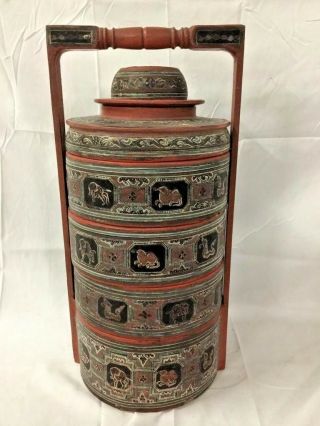 Antique Tibetan Chinese Asian Wood Lacquer Stacked Food Container