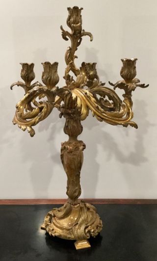 Antique Large 19th C.  French Bronze Rococo 5 Light Single Candelabra