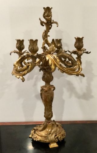 ANTIQUE LARGE 19TH C.  FRENCH BRONZE ROCOCO 5 LIGHT SINGLE CANDELABRA 2
