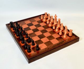 Large Antique English Chess Board & Calvert Style Chess Set