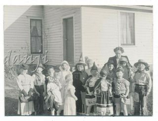 Kids In Halloween Costumes Witches,  Cowboy,  Old Lady,  Clown In Masks Old Photo