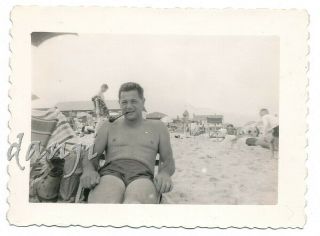 Up Close Studly Swimsuit Man On The Beach Smoking A Pipe Old Photo