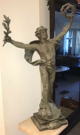 Antigue Signed Auguste Moreau " Le Triomphe " Spelter Statue Made In France 28 "