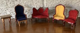 Vintage Dollhouse Miniature Upolstered Chairs,  Settee,  Ottoman And Table.