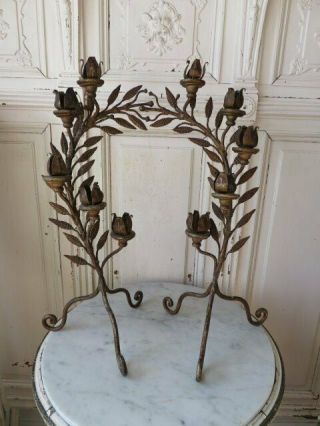 Pair The Best Old Vintage Italian Tole & Wood Candle Holder Stands 22 " Shapely