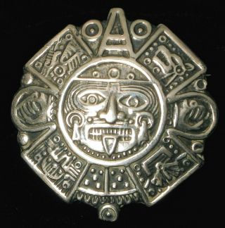 Vintage Sterling Silver Mexico Aztek Mayan Sun God Ornate Details Brooch Pendant
