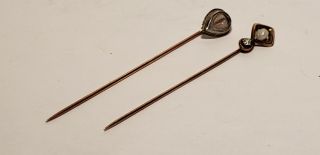 2 Antique 14k & 10k Gold Stick Pin - 3 Inch - 1.  4 Dwt - Real - Diamond - Moon Stone - Nr
