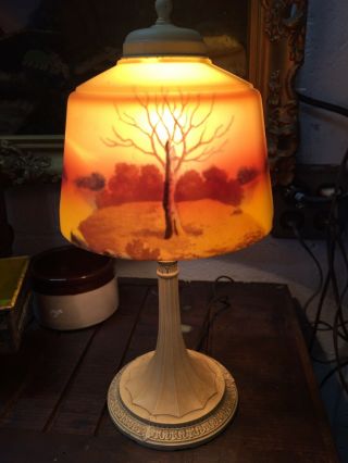 Antique Reverse Painted Lamp Shade With Metal Base