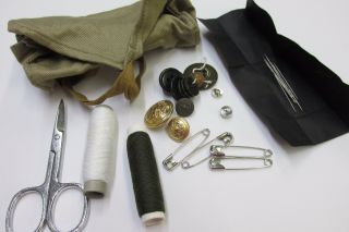 Vintage Italian Military Field Sewing Repair Kit Scissors Thread Buttons Needles
