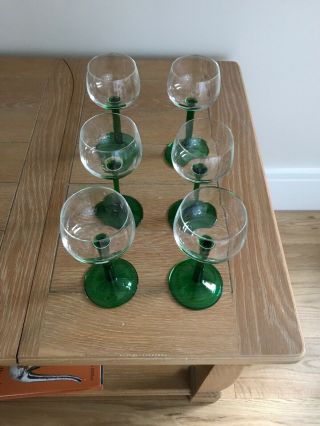 6 X Retro/vintage Luminarc French Hock Wine Green Beehive Stem Glasses (d13/09)