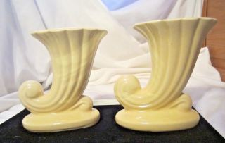 Set Of 2 Vintage U.  S.  A.  Cornucopia Horn Vase Yellow Shawnee Pottery 1940 