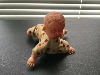 Creepy Vintage Baby Crawling Celluloid Windup Doll Polka Dot Outfit 2