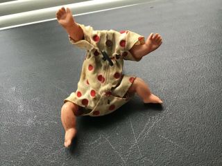 Creepy Vintage Baby Crawling Celluloid Windup Doll Polka Dot Outfit 3