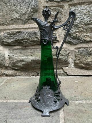 Fine 1900s Wmf Art Nouveau Jugendstil Pewter Emerald Green Glass Claret Jug 16 "