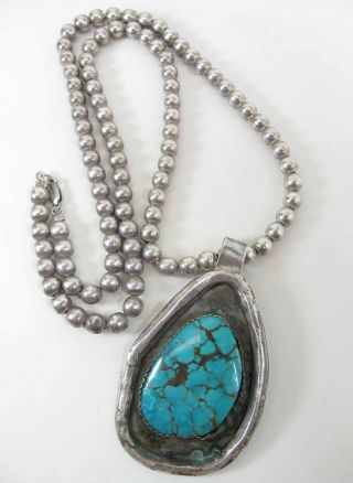 Vintage Navajo Handmade 35 - Inch Bench Bead Necklace & Huge Pendant W/ Turquoise