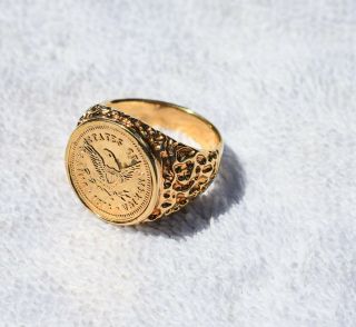 vintage 10KGE Gold Colored Coin Ring with Nugget look Men ' s size 10 3/4 2
