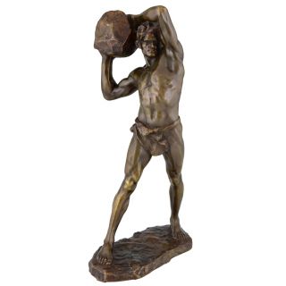 Antique Bronze Sculpture Strong Man With Stone Stanislaw Czarnowski Poland 1908