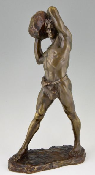 Antique bronze sculpture strong man with stone Stanislaw Czarnowski Poland 1908 3