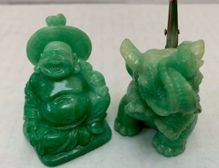 Pair Natural Jade Hand - Carved Statues Of Lucky Elephant And Buddha