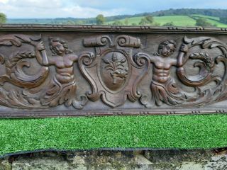 Magnificent Early 19thc Oak Carved Panel With Mermen & Crest To Centre C.  1840