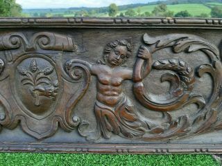 MAGNIFICENT EARLY 19thc OAK CARVED PANEL WITH MERMEN & CREST TO CENTRE C.  1840 2