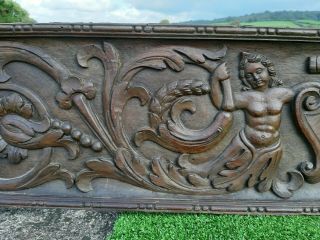 MAGNIFICENT EARLY 19thc OAK CARVED PANEL WITH MERMEN & CREST TO CENTRE C.  1840 3
