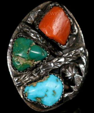 Antique Vintage Navajo Old Pawn 2 Stone Turquoise Coral Ring By P.  Padilla Sz 11