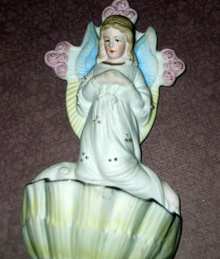 Antique German Bisque Angel Holy Water Font.  6 " Pretty Color Pink Roses Ca.  1900