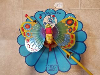 Rare J Chein & Co Tin Litho Giant Butterfly Push Toy Card & Sales Tag