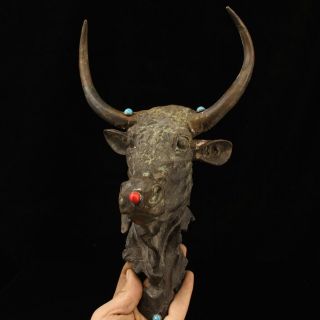 Collect China Old Handwork Copper Inlay Gem Cow Head Antique Talisman Statue E0e