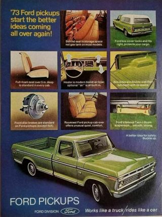 1973 Print Ad Ford F100 Pickup Trucks Green Rides Like A Car