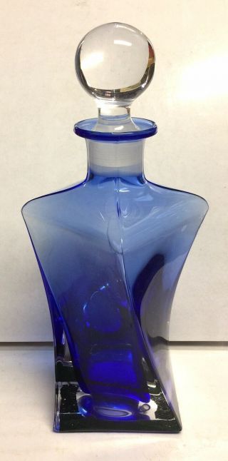Vintage Cobalt Blue Hand Blown Art Glass Whiskey Wine Decanter Clear Stopper 11”